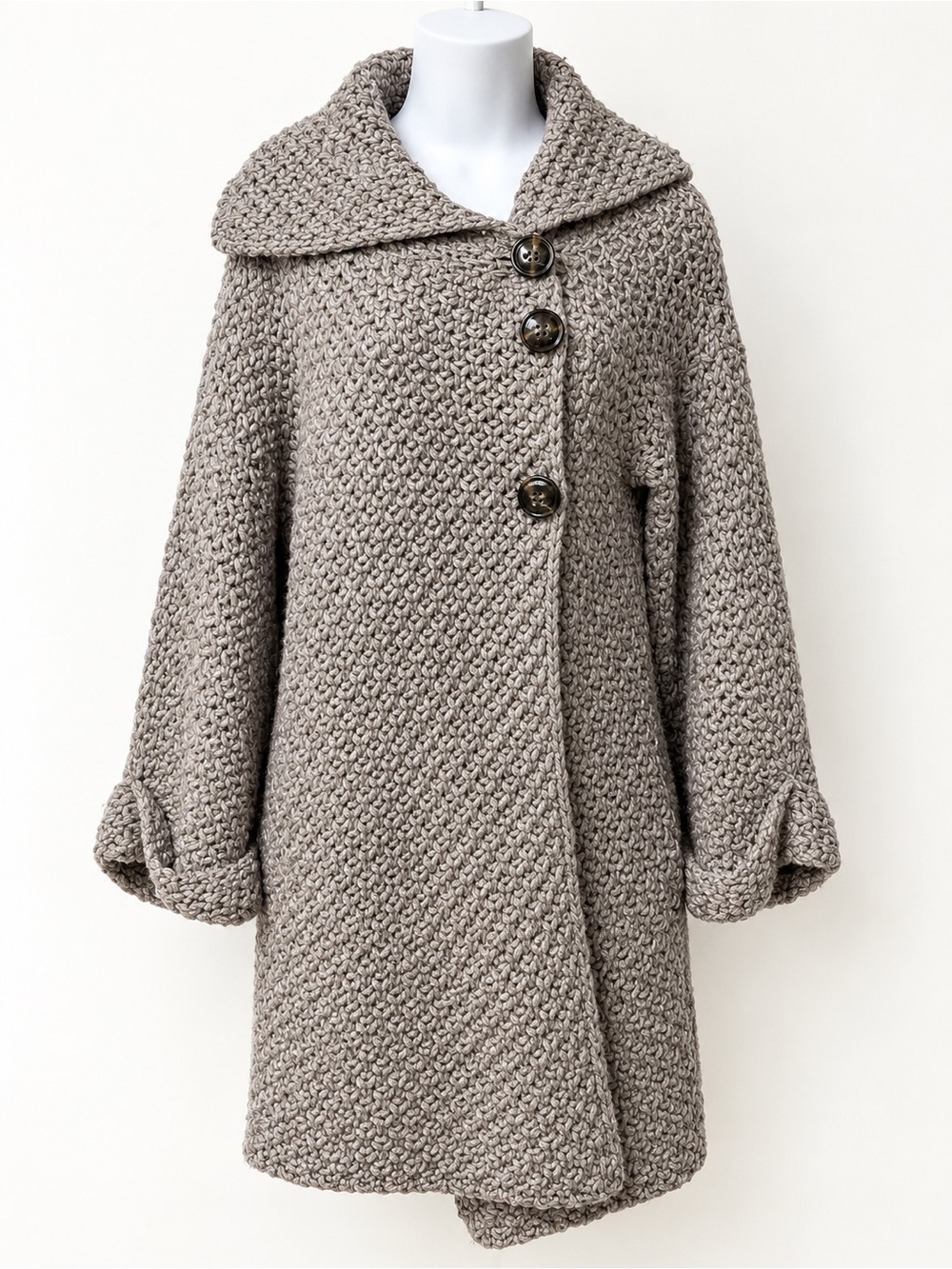 Zara Taupe Chunky Knit Button-Front Poncho Coat It has a small stain that comes
